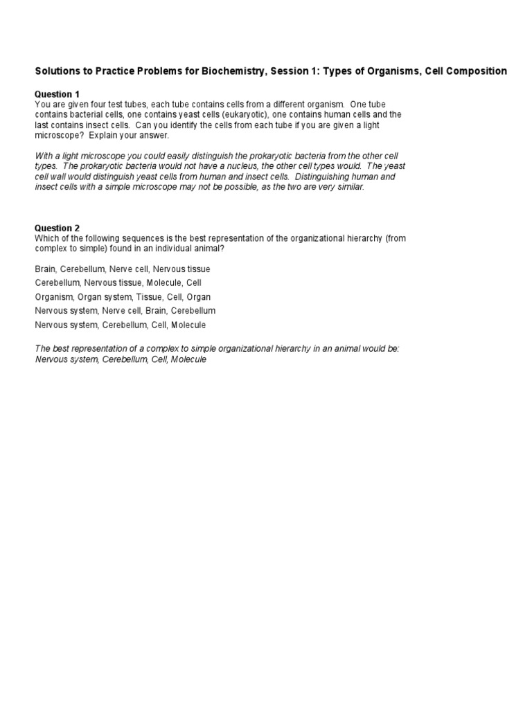 Biochemistry Practice Problems Solutions | PDF | Science & Mathematics
