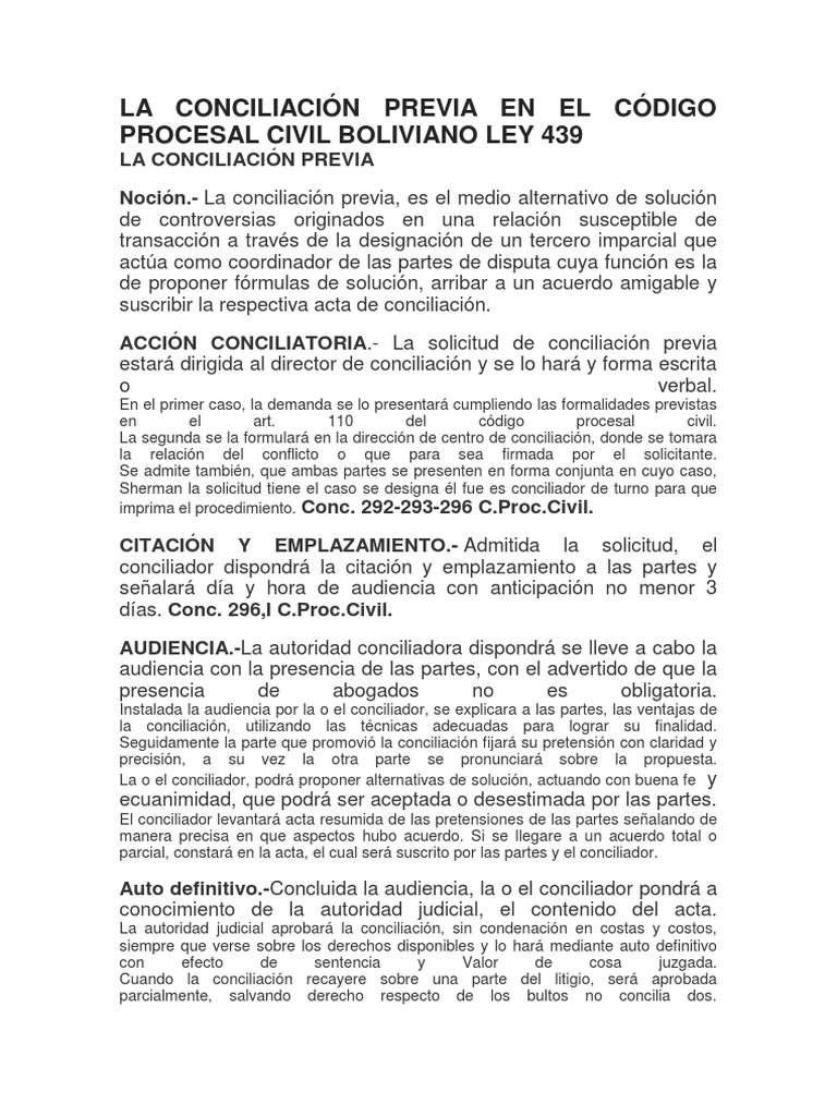 La Conciliacion Previa En El Codigo Procesal Civil Boliviano Ley 439 Informacion Del Gobierno Justicia