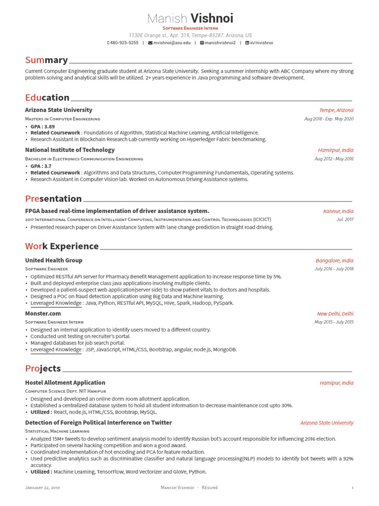Manish Vishnoi's Software Engineering Resume | PDF | Machine Learning ...
