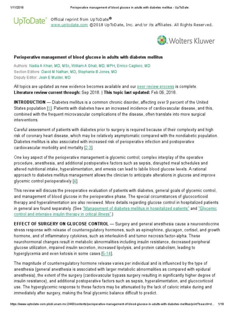 Perioperative Management of Blood Glucose in Adults With Diabetes ...