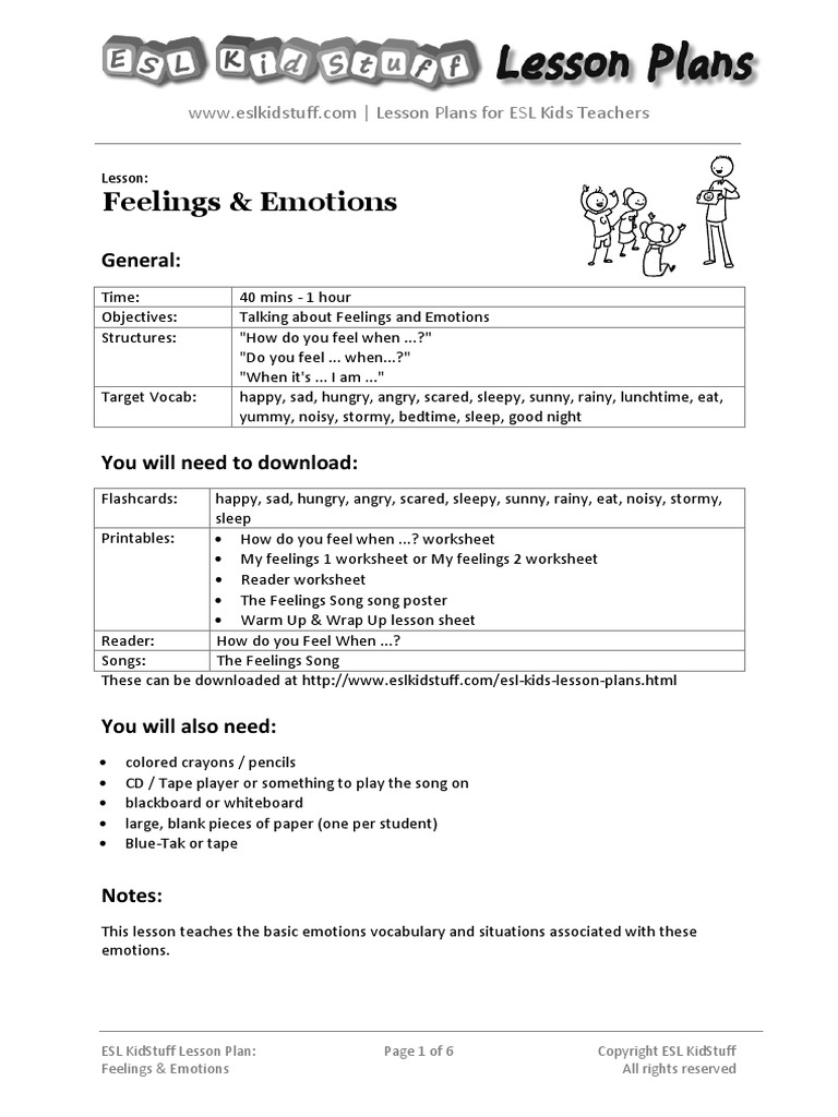 Feelings Emotions Lesson Plan | PDF | Lesson Plan | English As A Second Or  Foreign Language, image size:768x1024