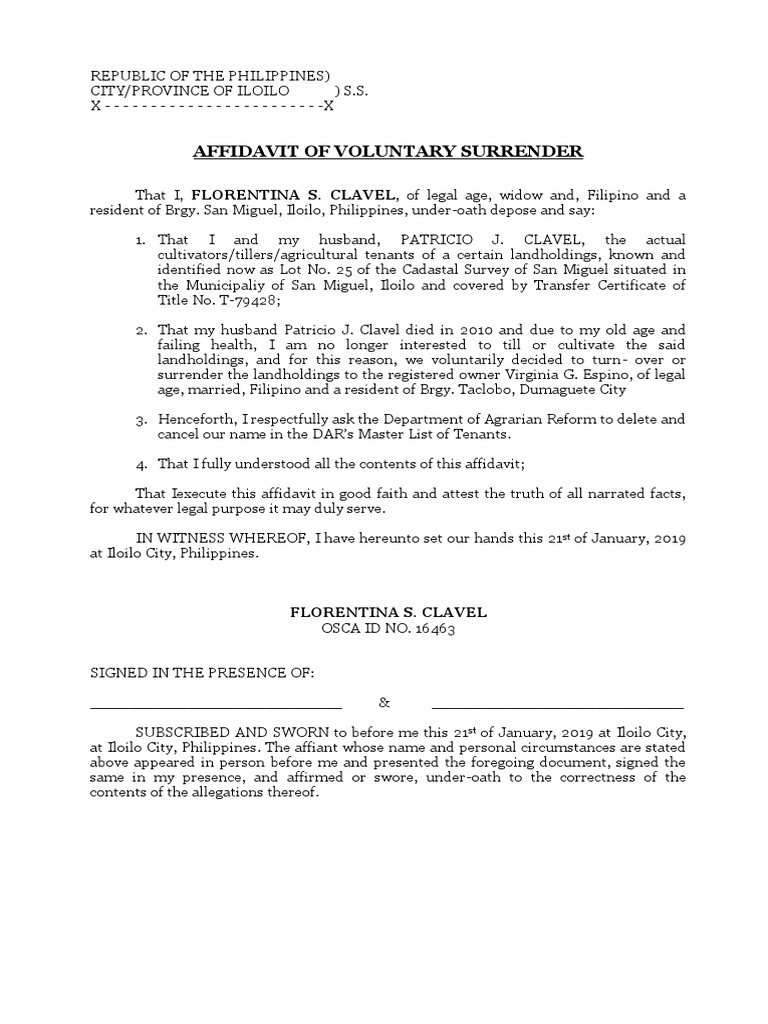 Affidavit of Voluntary Surrender | PDF | Law