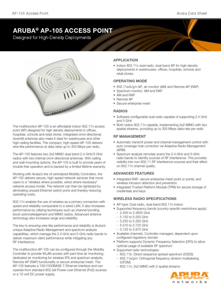 Aruba Ap105 Access Point Designed For HighDensity Deployments PDF