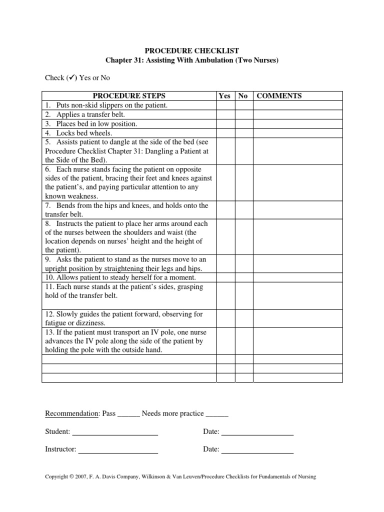 Procedure Checklist Chapter 31: Assisting With Ambulation (Two Nurses ...