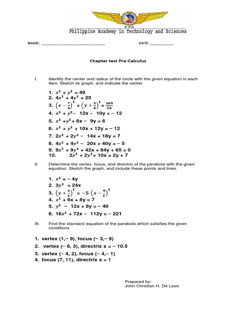 Pre-Calculus Chapter Test: Circles & Parabolas | PDF | Teaching Methods ...