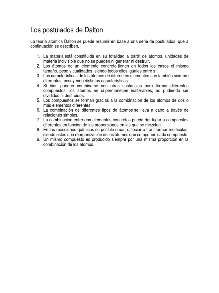 Postulados de la Teoría Atómica de Dalton | PDF