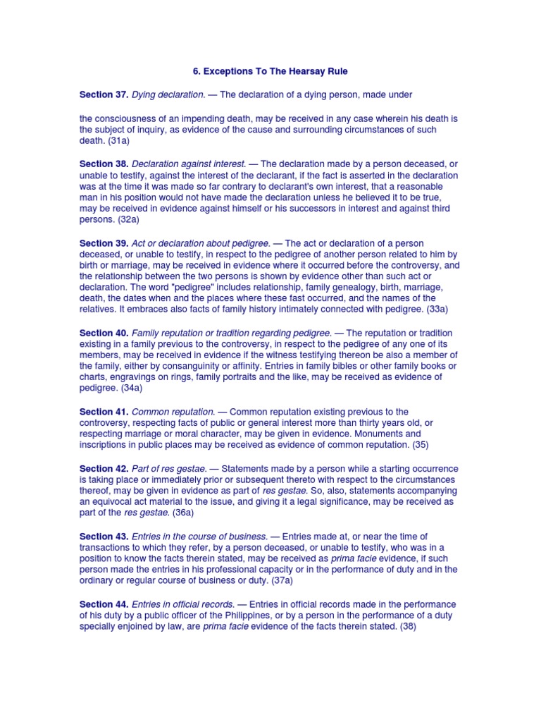 Exceptions To Hearsay Rule PDF Testimony Hearsay