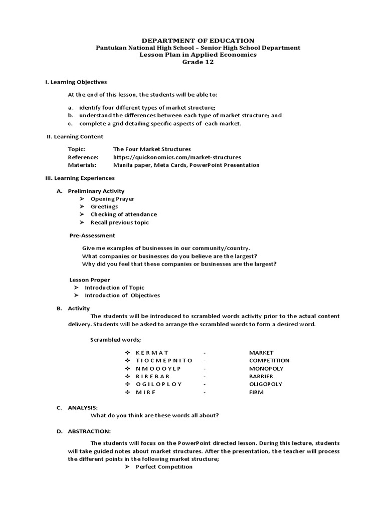 Lesson Plan Monopoly Lesson Plan