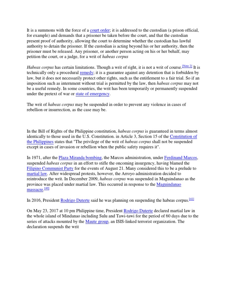 Court Order Habeas Corpus Has Certain Limitations. Though A Writ of