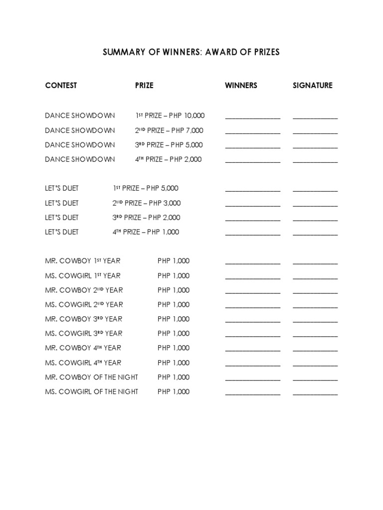 Contest Winners and Prizes Summary | PDF