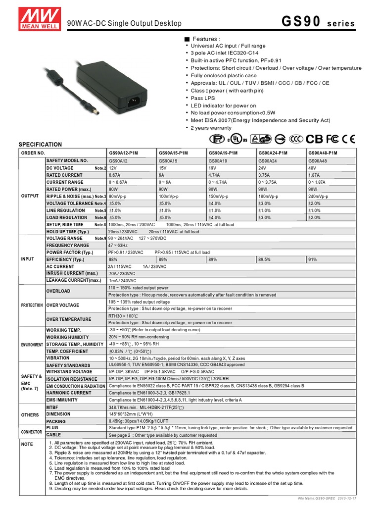 90W AC-DC Single Output Desktop: Series | PDF | Power Supply | Physical ...