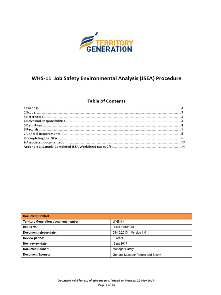 WHS 11 Job Safety Environmental Analysis JSEA Procedure PDF Hazards