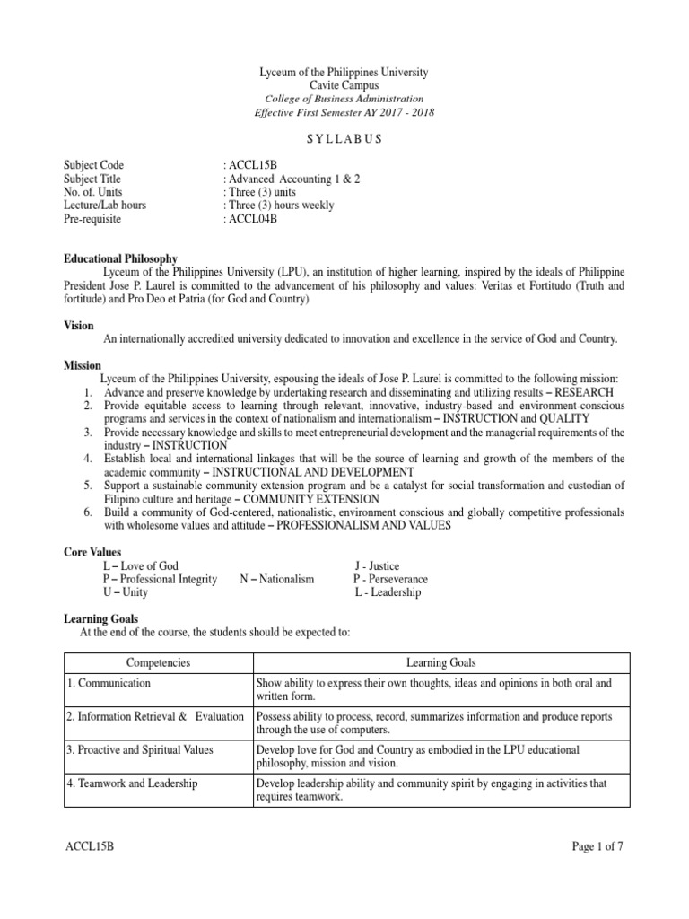 Advanced Accounting Course Syllabus | PDF | Consolidation (Business ...