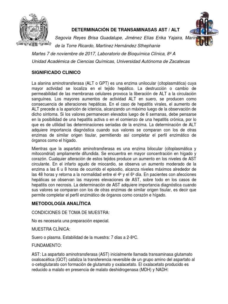 Determinación de Transaminasas AST/ALT | PDF | Transaminasa | Biomoléculas
