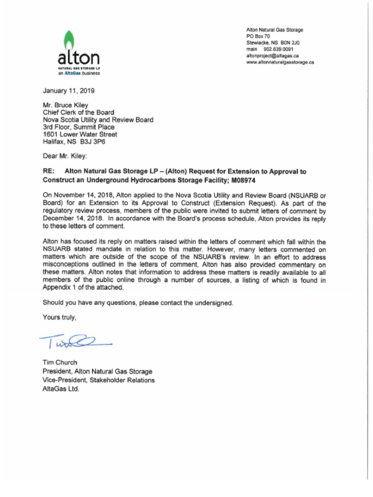 Letter to the Nova Scotia Utility and Review Board, Jan. 11, 2019 from Alton Gas Natural Gas
