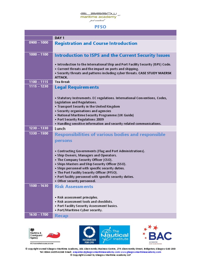 Port Facility Security Officer Course Structure and Lesson Objectives