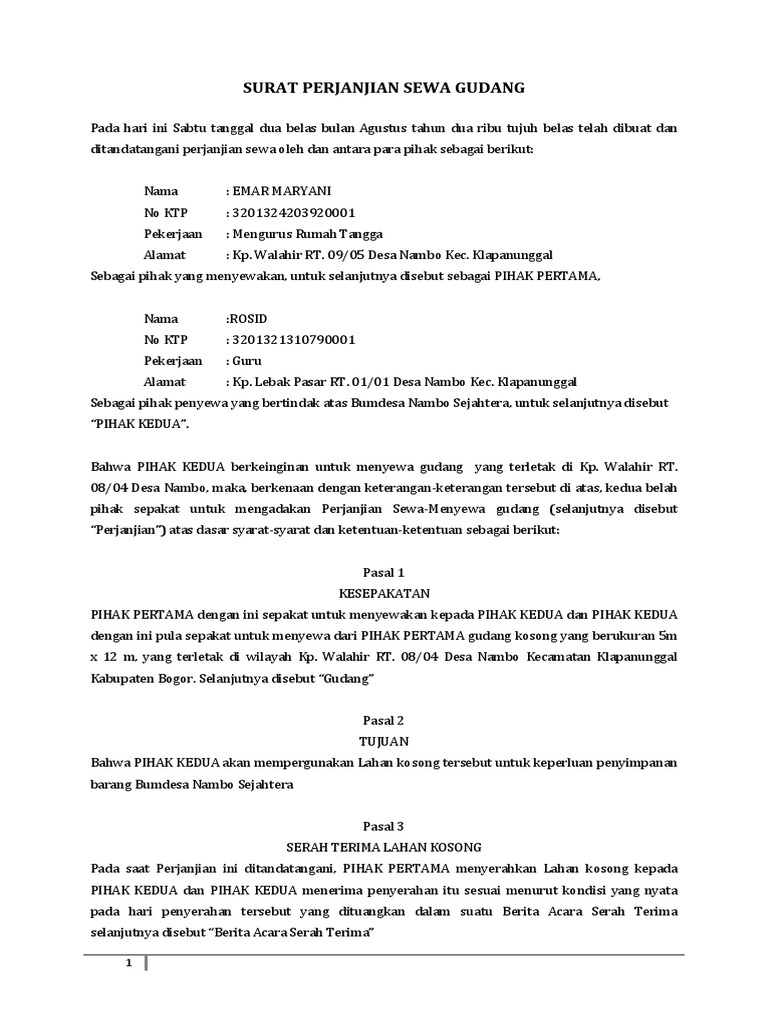 Contoh Surat Perjanjian Kerjasama Sewa Gudang  PDF