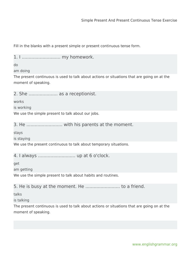 Present Simple vs Continuous Exercises | PDF | Linguistics | Grammar