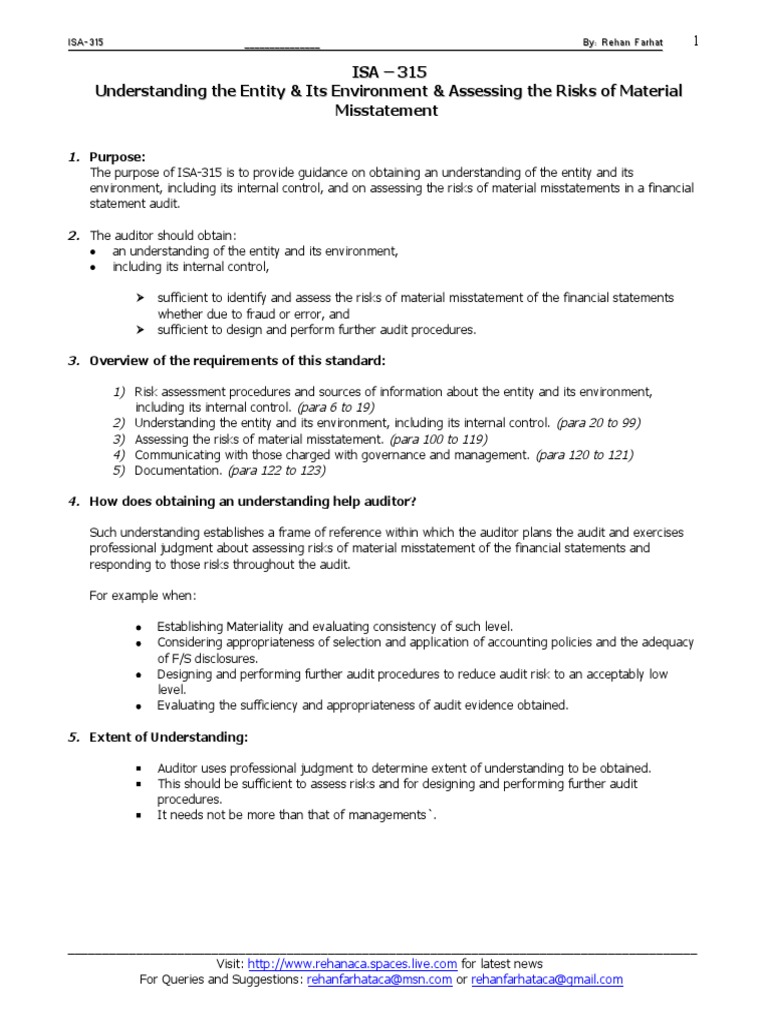 ISA 315 Understanding The Entity & Its Environment & Assessing The Risks of Material