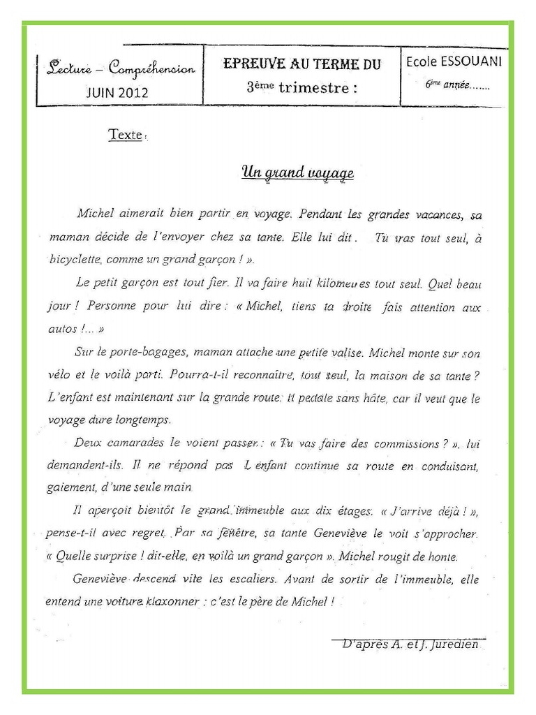 Sujet Corrigé Sur Le Voyage 3ème Année Examen 3 Eme Trimestre 6 Eme Année Lecture Le Grand Voyage | PDF