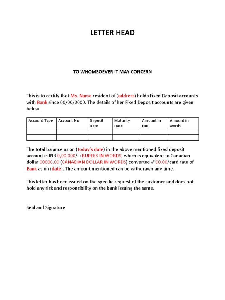 Bank Letter for Fixed Deposit - Sample | Deposit Account | Banks