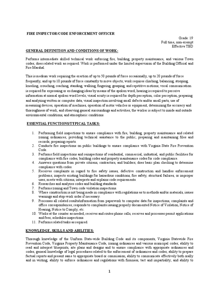 Fire Inspector/Code Enforcement Officer