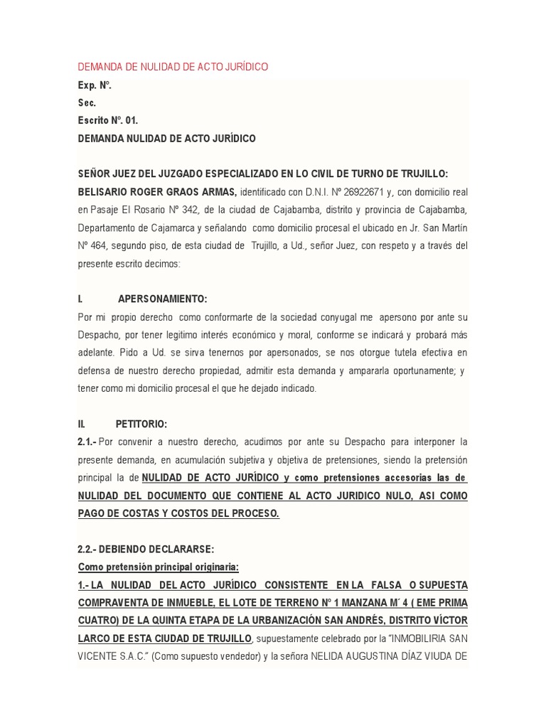 Demanda de Nulidad de Acto Jurídico Modelo | PDF | Instrumento jurídico |  Propiedad de la comunidad