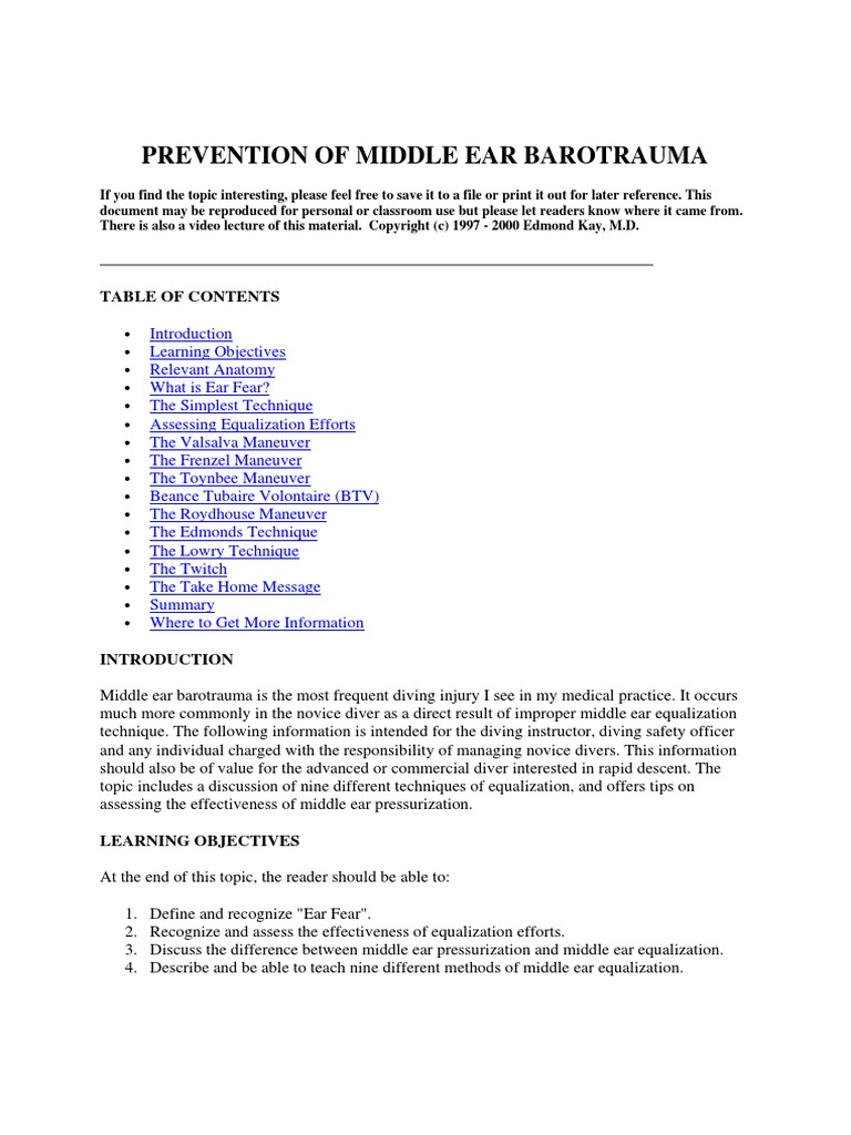 Prevention of Middle Ear Barotrauma PDF Scuba Diving Ear