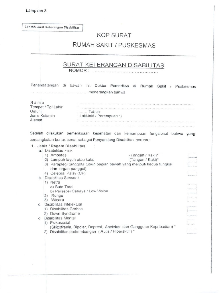 Contoh Surat Keterangan Disabilitas