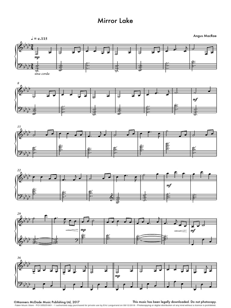 Mirror Lake Piano Solo Loisirs Business
