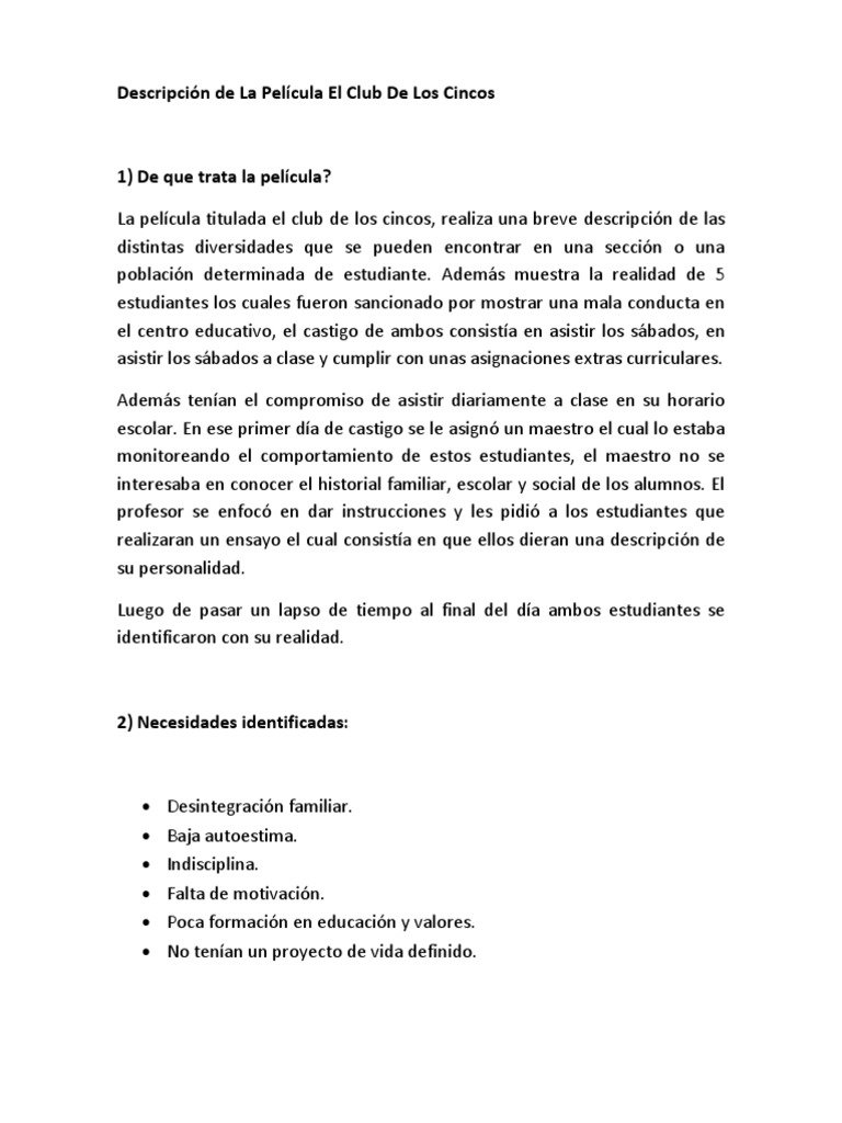 Descripción de LA PELICULA El Club de Los Cincos | PDF | Maestros |  Comportamiento