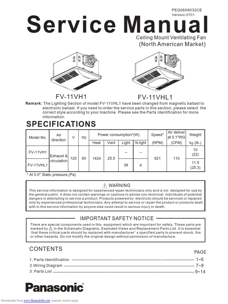 Panasonic Bathroom Fan Heater Combo Service Manual | PDF | Hvac | Equipment