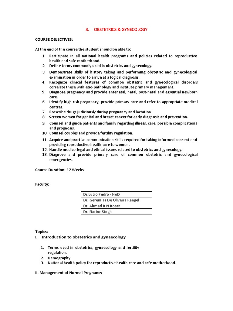 Obstetrics & Gynecology: Course Objectives | PDF | Obstetrics | Childbirth
