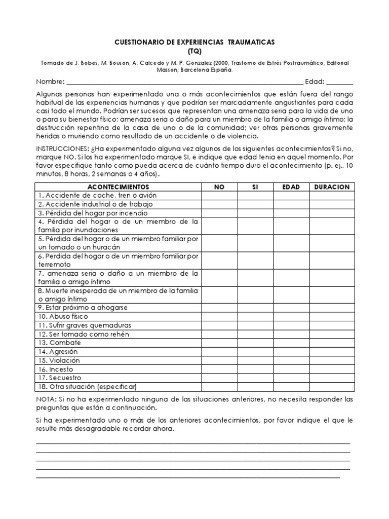 Cuest. Experiencias Traumaticas TQ PDF Ciencias del comportamiento Psicología clínica
