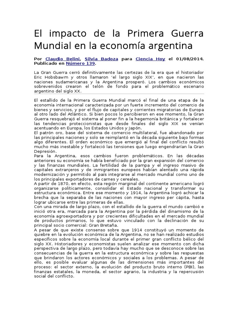 Impacto económico de la Primera Guerra en Argentina | PDF | Desempleo ...
