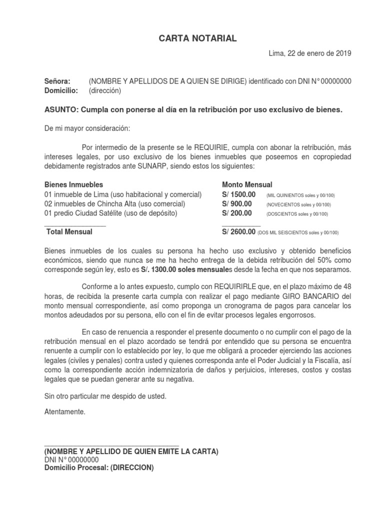 Carta Notarial Remuneracion Por Uso Exclusivo de Inmueble en