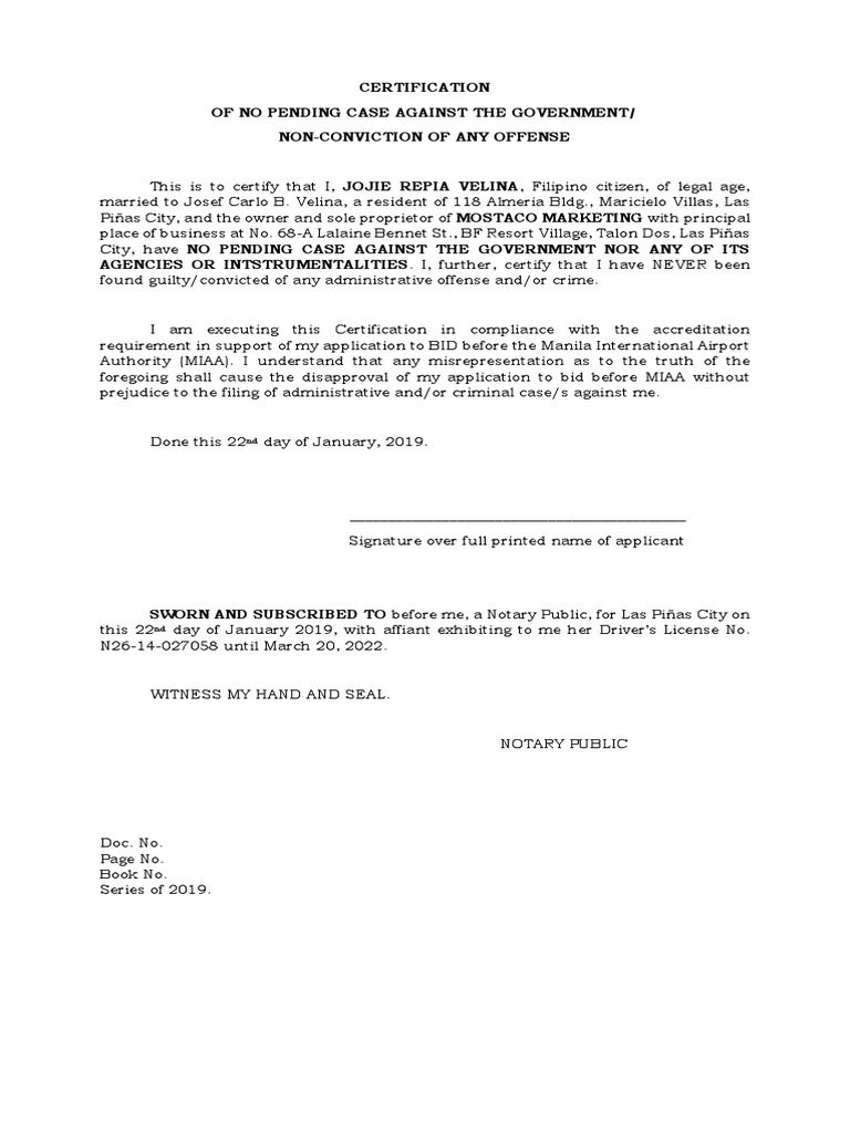 Certification of No Pending Case Against The Government/ NonConviction