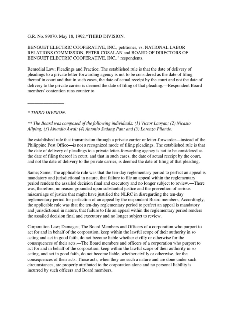Benguet Electric Cooperative, Inc. v. NLRC, 209 SCRA 55 (1992) | PDF ... image.