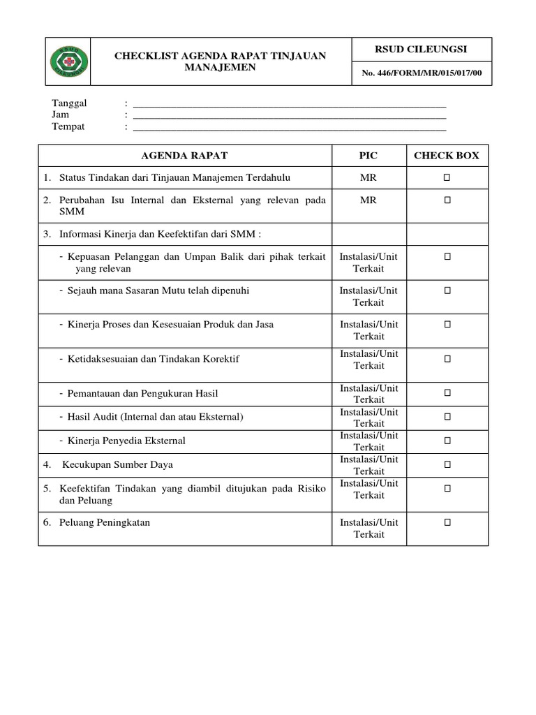 Checklist Agenda Rapat Manajemen RSUD | PDF