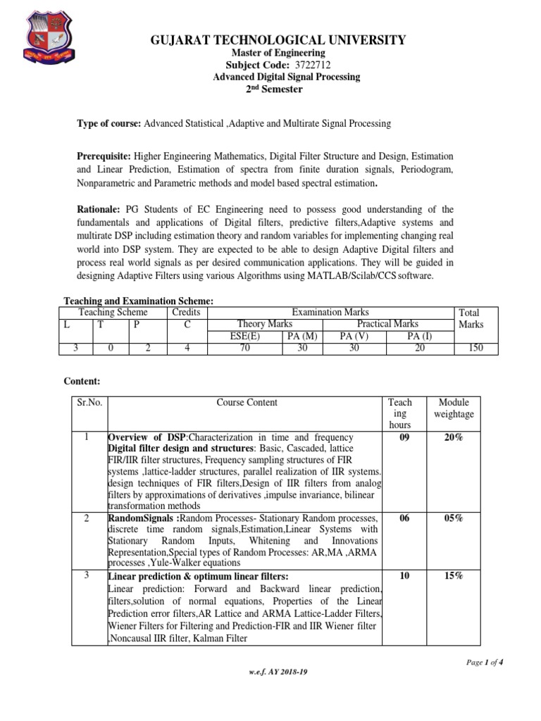 DSP Syllabus PDF Digital Signal Processing Applied Mathematics