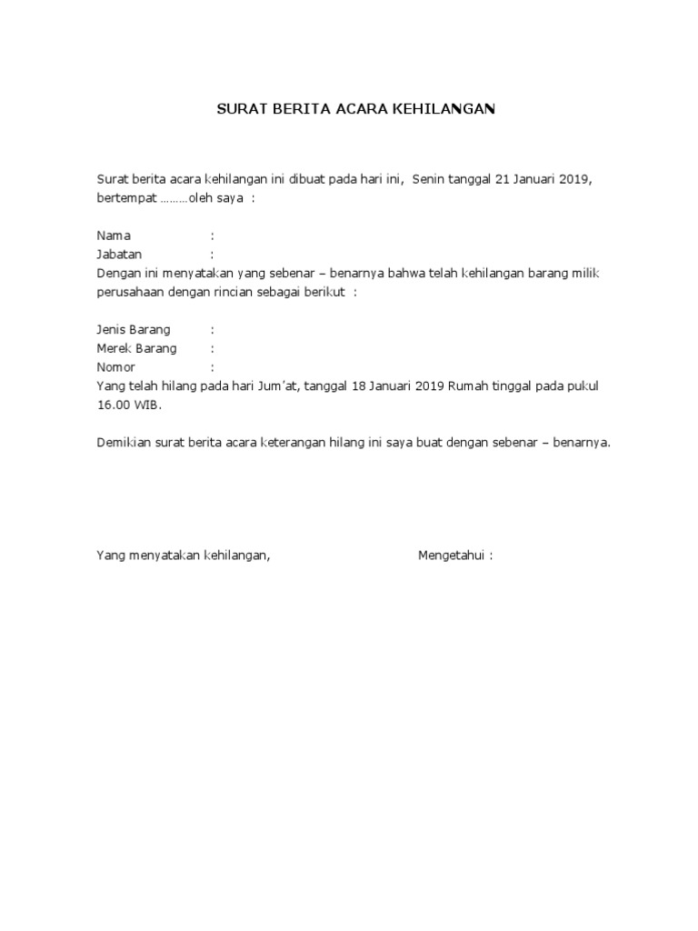 Surat Berita Acara Kehilangan
