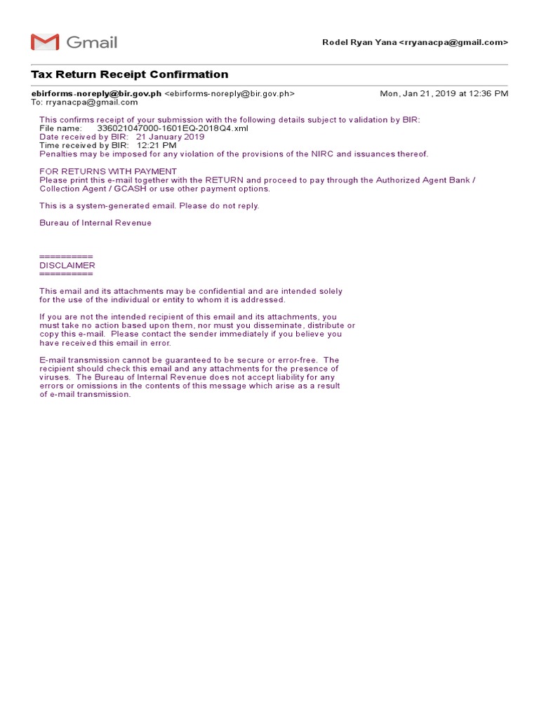 Gmail Tax Return Receipt Confirmation PDF