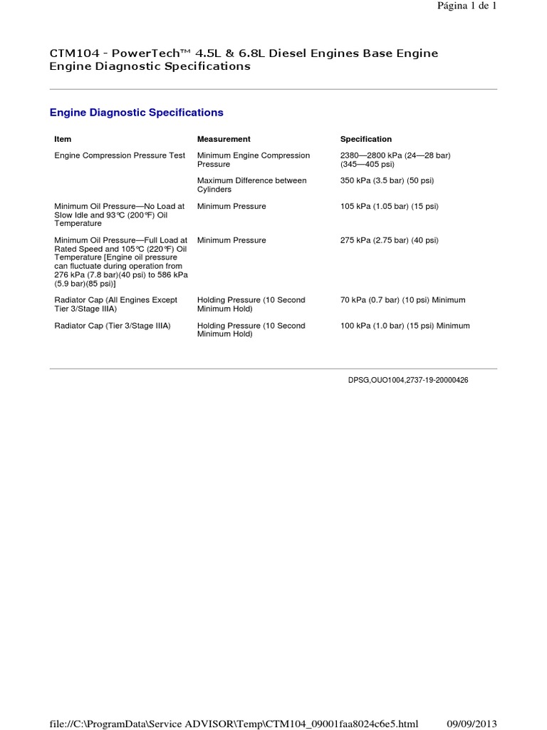 Diesel Engine Diagnostic Specs Guide | PDF | Science & Mathematics ...