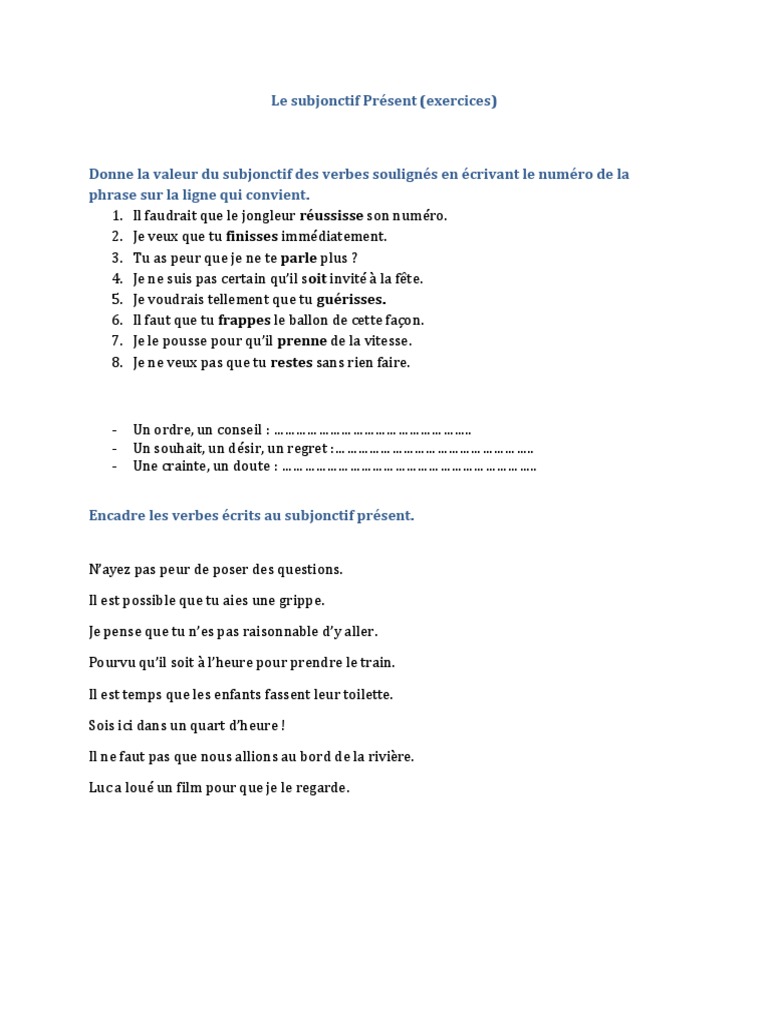 Le Subjonctif Présent Exercices Corrigés 4ème Pdf Le Subjonctif Present Exercises | PDF | Verbe | Mécanique du langage