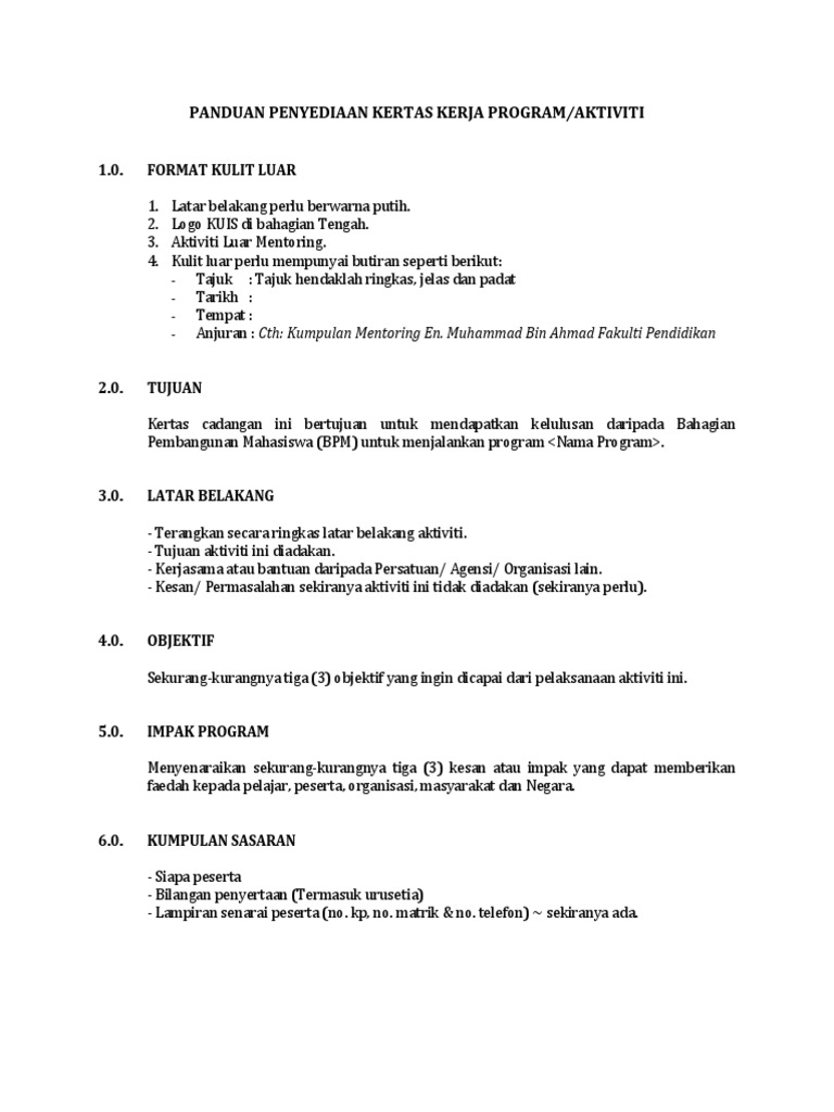 Panduan Penyediaan Kertas Kerja Aktiviti Luar Mentoring Pdf