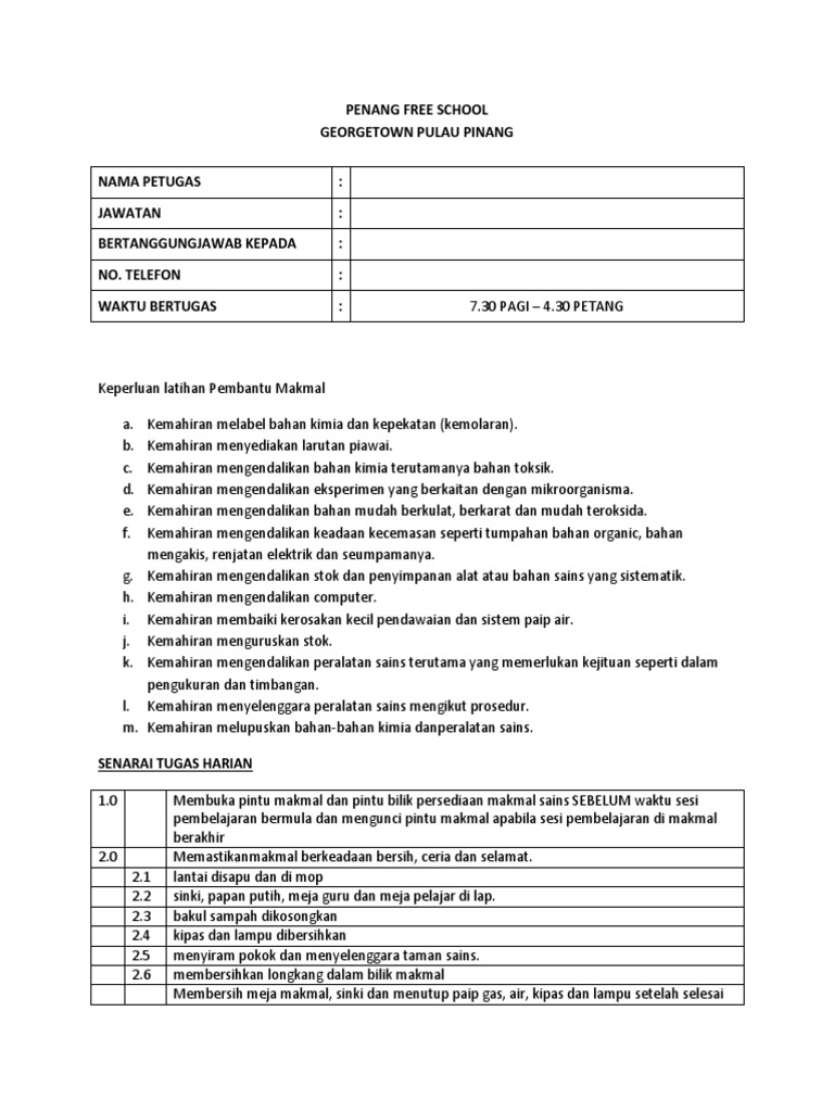 Tugas Pembantu Makmal