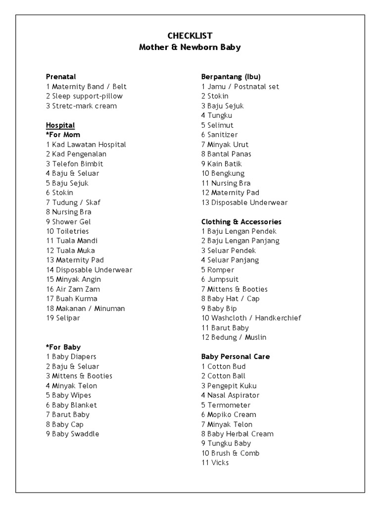 Mom Baby Checklist Pdf