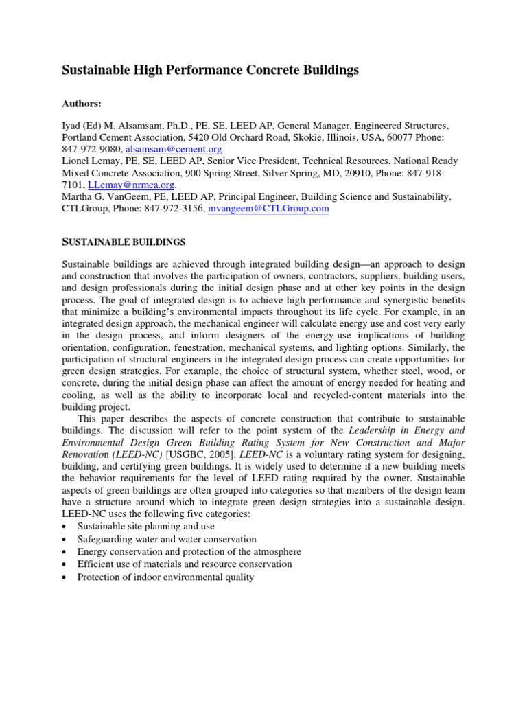 Sustainable High Performance Concrete Buildings | PDF