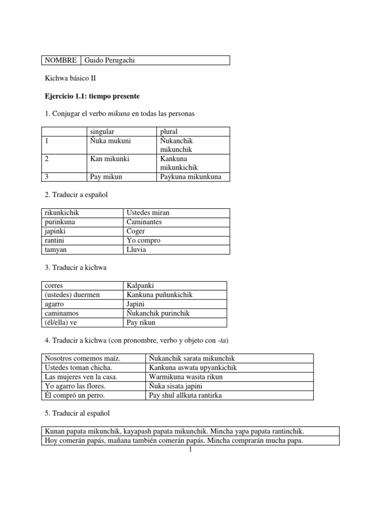 Kichwa Ii Ejercicio 0111 Plural Relaciones Sintacticas