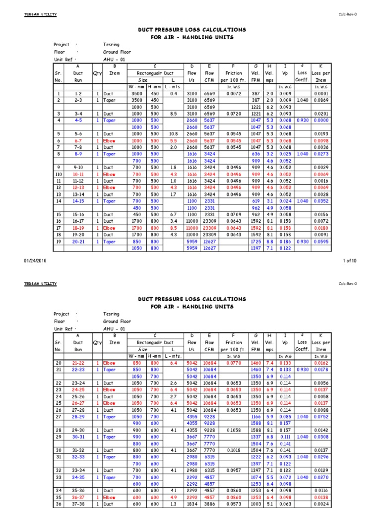 Duct Pressure Loss Calculations | PDF | Duct (Flow) | Heating ...
